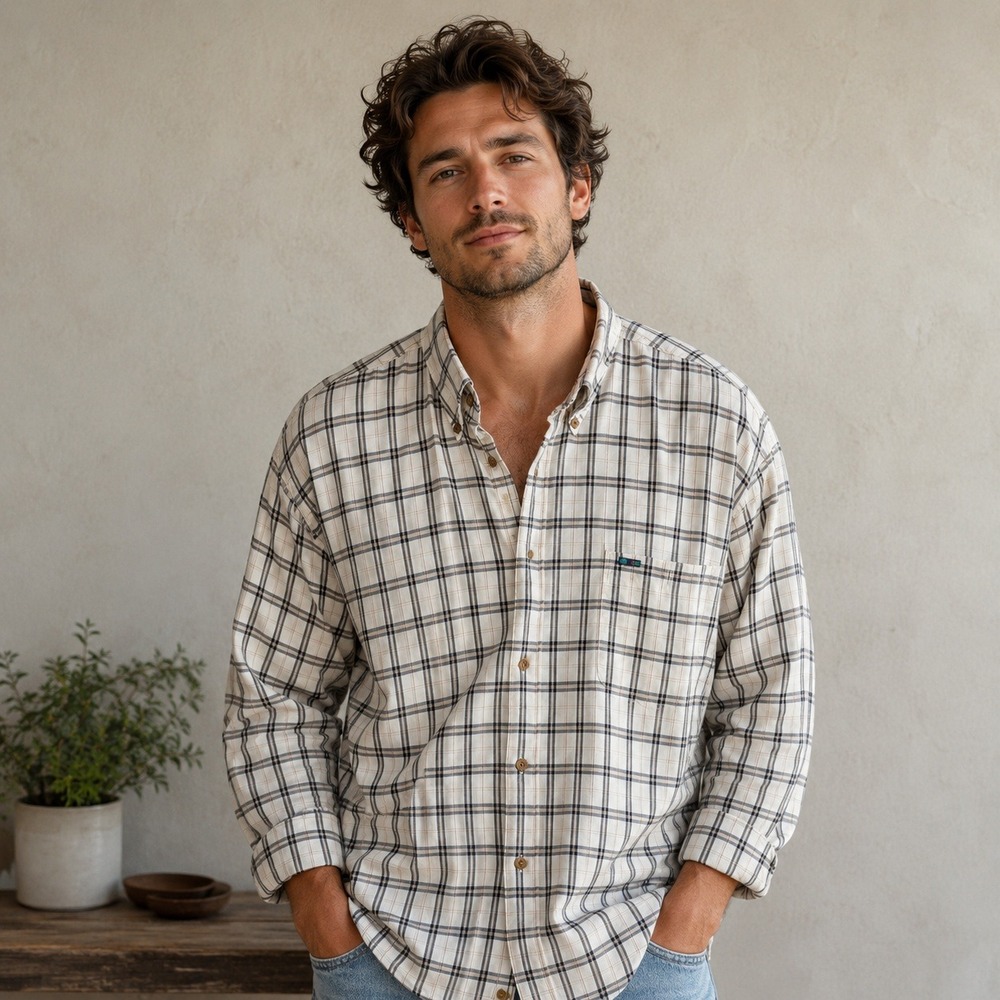 Alexander Julian Colours Mens XXL Cream Navy Plaid Button Down Cotton Shirt